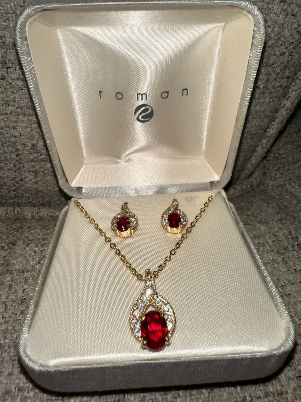 Roman Gold-Tone Necklace and Earring Set with Red Stones